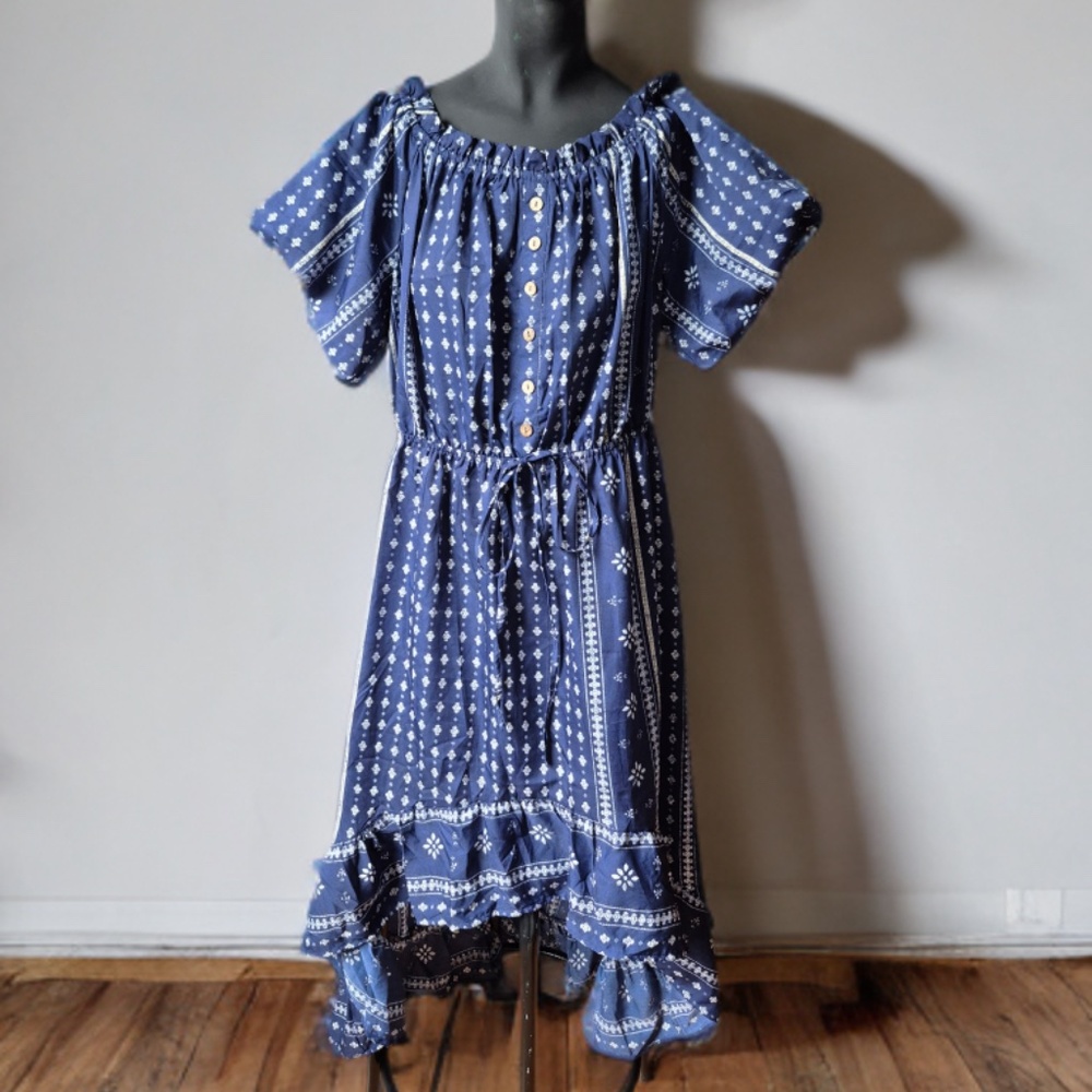 Boho Long Blue Paisley Dress with Puff Sleeves